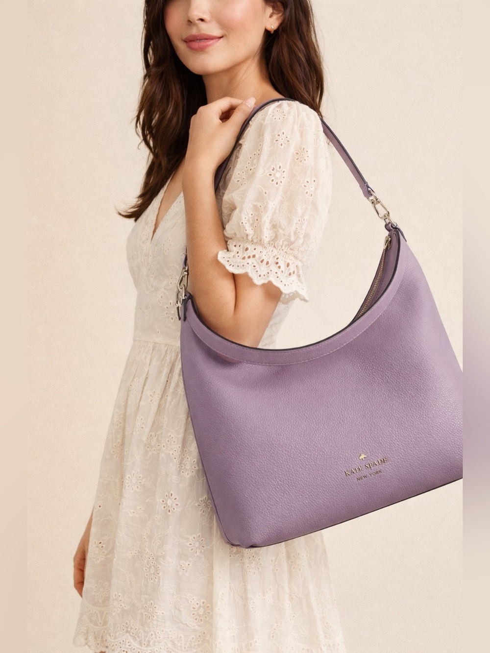 Kate Spade New York Pebbled Leather Hobo Shoulder Bag in Lilac Lavender BohoChic - Picture 2 of 13